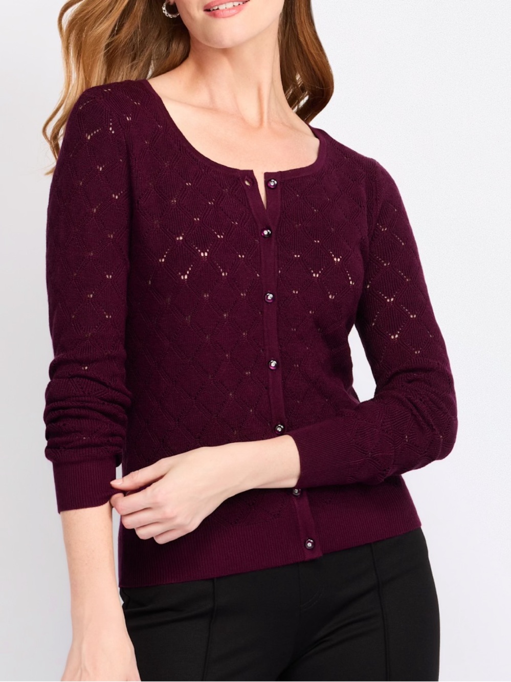 Lety & Me Women's Pointelle Crewneck Cardigan - Plum